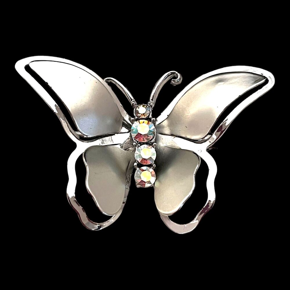 Vintage 1960s Butterfly Brooch Aurora Borealis Rhinestone Silver Tone Pin - 11C